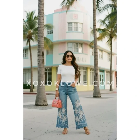 Oli & Hali Palm Tree Eyelet Embroidered Wide Leg Jeans | Mineral Wash Denim - Picture 5 of 8